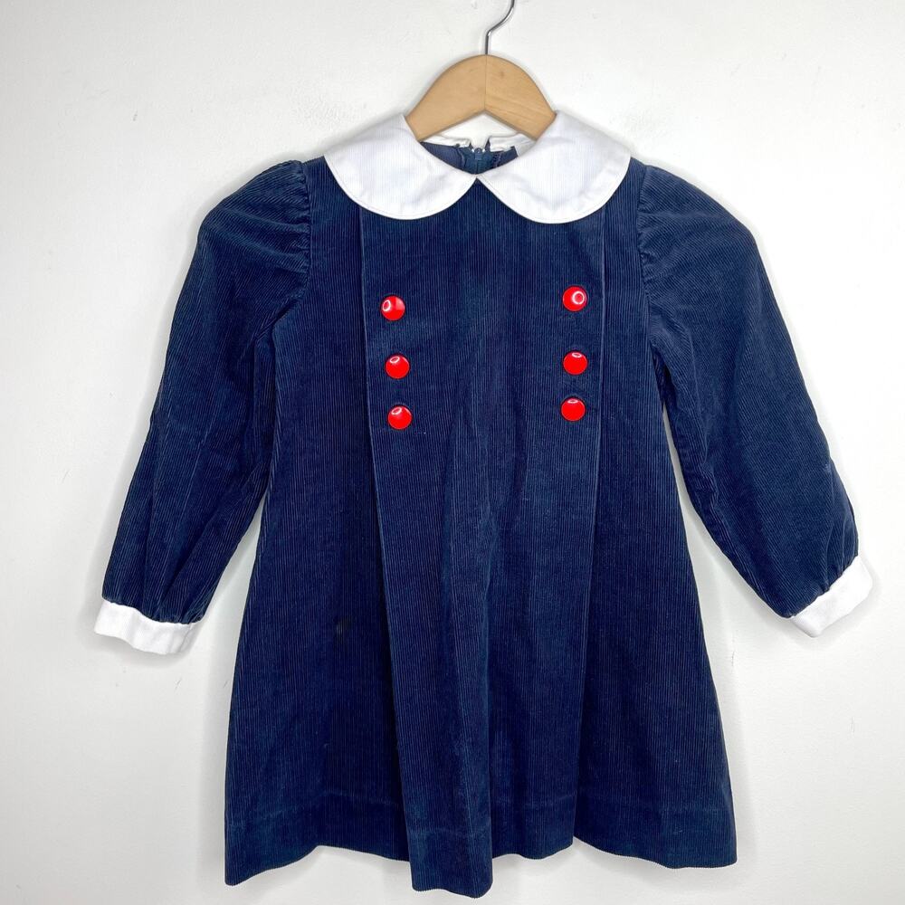 Vintage Girls Sailor Dress Sz 6 Navy Corduroy Peter Pan Collar Preppy‎ Timeless